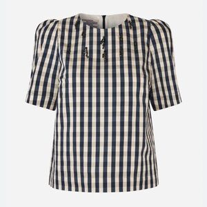 Baum und Pferdgarten navy Blouse Checked Relaxed Puffy Sleeves Beaded Tassels